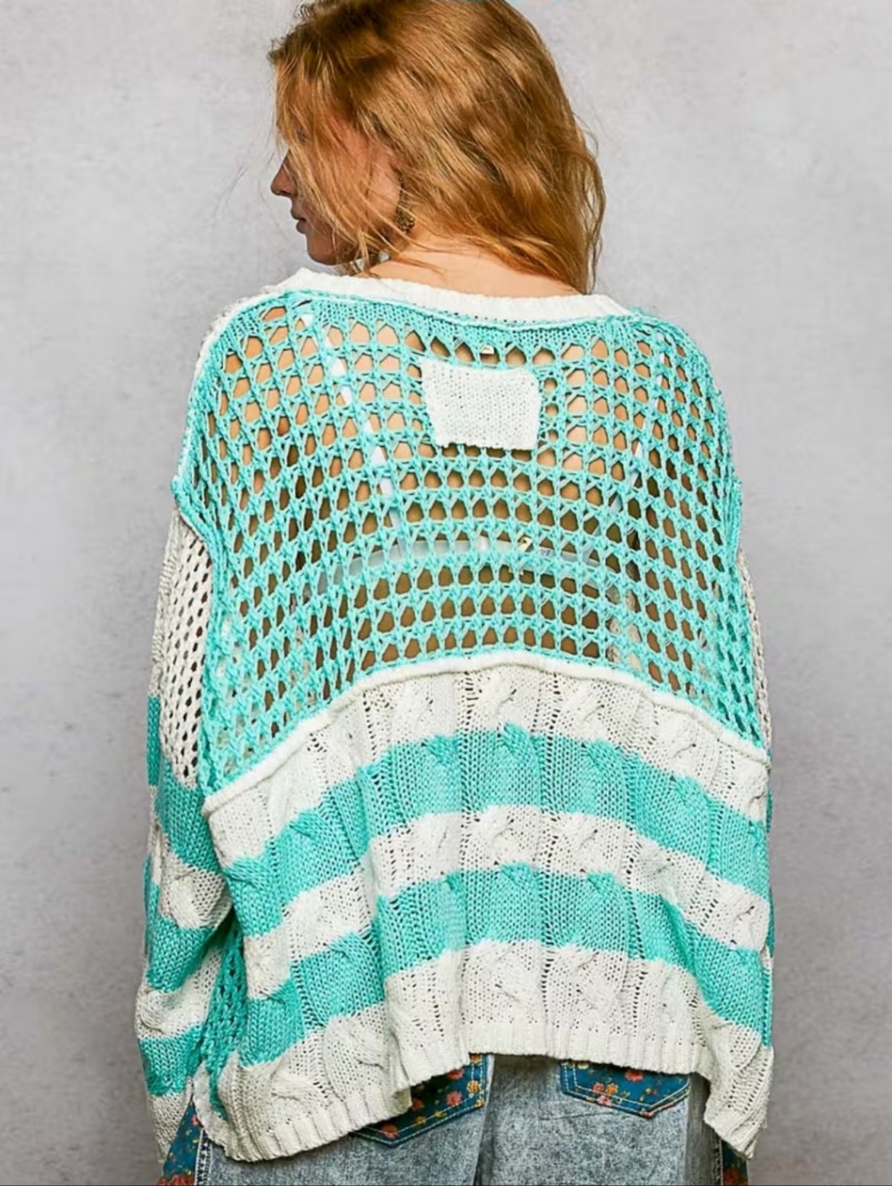 NS75. POL Women's Boho Crochetì V-Neck Sweater in White and Mint - Picture 4 of 4